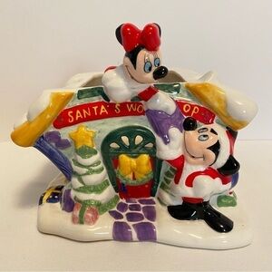 Disney FTD minnie & mickey santa's workshop christmas ceramic planter 2000